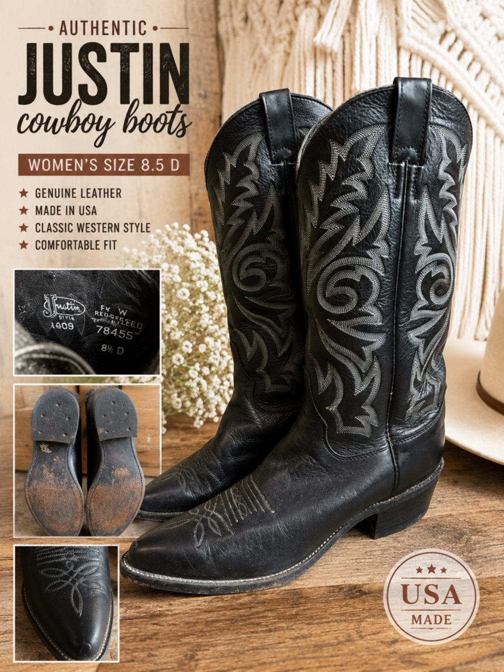 Justin Black Leather Cowboy Boots Women’s Size 8.5D Western Embroidered USA Made